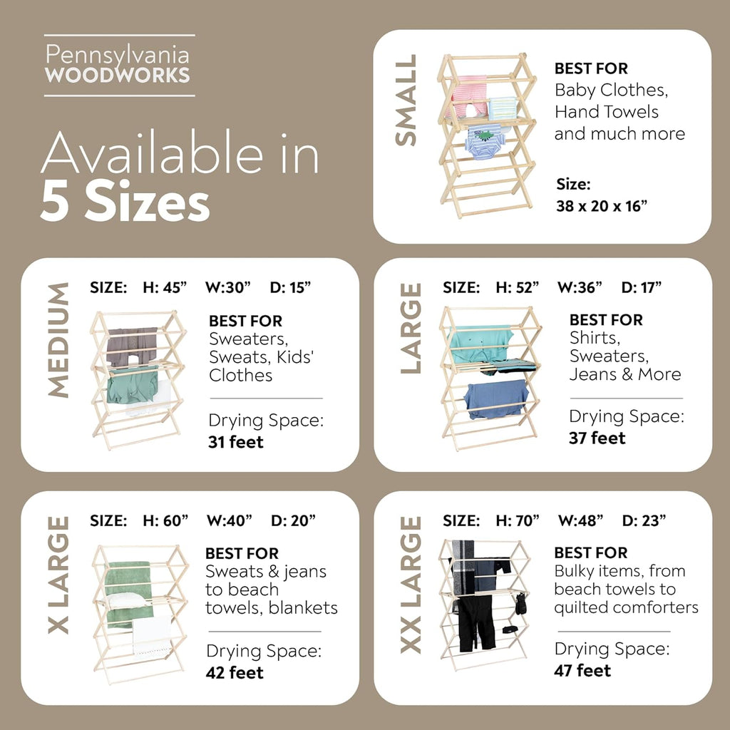 Pennsylvania Woodworks Clothes Drying Rack: Solid Maple Hard Wood Laundry Rack for Sweaters, Blouses, Lingerie & More, Durable Folding Drying Rack, Made in USA, No Assembly Needed, Large