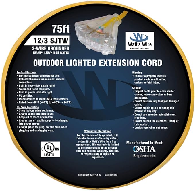 Outdoor Extension Cord Waterproof (75 ft) 12 Gauge Heavy Duty Extension Cord Splitter - Lighted Outdoor Extension Cords with Multiple Outlets - Watts Wire - 75' Grounded - extensiones electricas