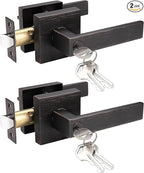 Probrico 2 Pack Oil Rubbed Bronze Entry Door Lever with Lock, One Keyway Entrance Door Locksets for Front Door (Three Same Keys), Exterior Square Door Lock Interior Bedroom Entrance Door Knob
