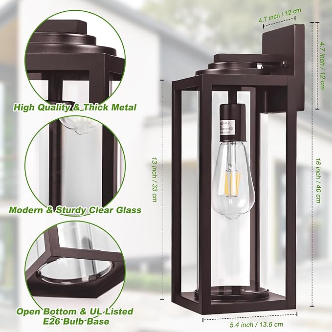 16inch Large Outdoor Wall Lights 2 Packs - Oil Rubbed Bronze Exterior Light Fixture with Clear Glass Shade, Waterproof Porch Lighting for House, Farmhouse Sconces Lantern for Front Door, Garage