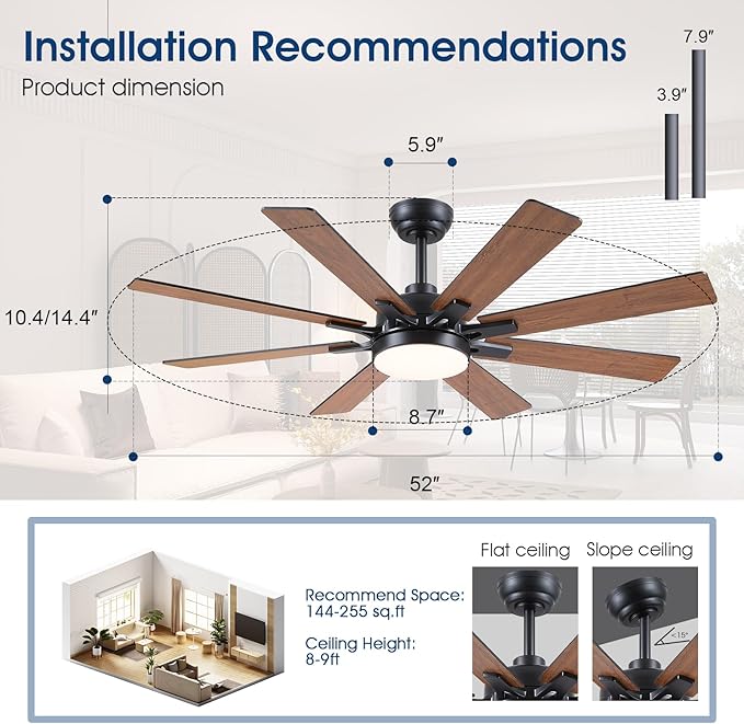 52 Inch Ceiling Fans with Lights and Remote/APP Control, Modern Ceiling Fan for Bedroom Living Room Patio Porch Indoor Outdoor, 6 Speeds, Reversible Quiet Motor, 8 Wood Blades, Brown