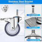 Stainless Steel Caster Wheels 4 inch, 3/8"-16x1 Threaded Stem Locking Casters Set of 4, Non-Marking Slient TPR Rubber Wheels for Furnitures,Restaurants,Labs,Hospitals
