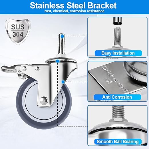Stainless Steel Caster Wheels 4 inch, 1/2"-13x1-1/2 Threaded Stem Locking Casters Set of 4, Non-Marking Slient TPR Rubber Wheels for Furnitures,Restaurants,Labs,Hospital