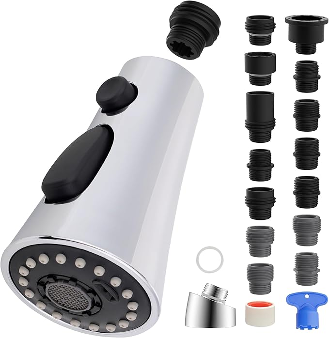 iFealClear Universal Kitchen Faucet Head Replacement, 3 Modes Pull Down Faucet Spray Head Replacement Compatible with Moen Delta Kitchen Sink Faucet, 15 Adapters Available, Chrome