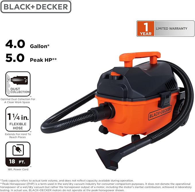 BLACK+DECKER BDXV18905P-4 Wet Dry Vacuum 4 Gallon 5.0 Peak HP Wet Dry Vac with Accessories, Powerful Suction with Blower fuction, Small Vacuum Cleaner for Outdoor, Garage, Home and Car