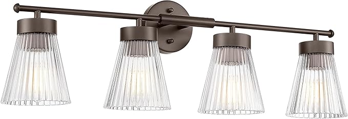 4-Light Bathroom Vanity Light, HWH Oil-Rubbed Bronze Bathroom Light Fixtures Farmhouse Vanity Lamp Over Mirror with Clear Striped Glass Shade, 5HZG97B-4W ORB