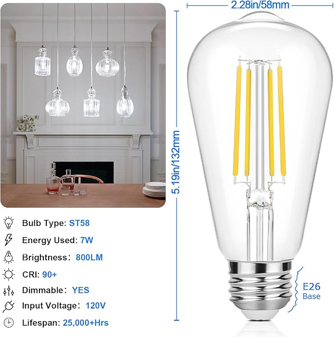 Vintage LED Edison Bulbs 60 Watt Equivalent Dimmable 7W ST58 LED Filament Light Bulbs Neutral White 4000K Antique Style Lighting High Brightness 800LM E26 Medium Base Clear Glass Home Office, 12 Pack