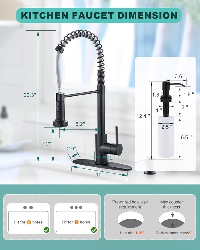 Black Kitchen Faucet with Soap Dispenser: 3-Function Kitchen Faucet with Pull Down Sprayer - Stainless Steel Single Handle Sink Faucet with Deck Plate for Farmhouse Laundry
