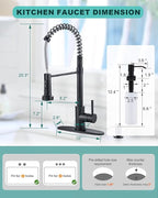Black Kitchen Faucet with Soap Dispenser: 3-Function Kitchen Faucet with Pull Down Sprayer - Stainless Steel Single Handle Sink Faucet with Deck Plate for Farmhouse Laundry