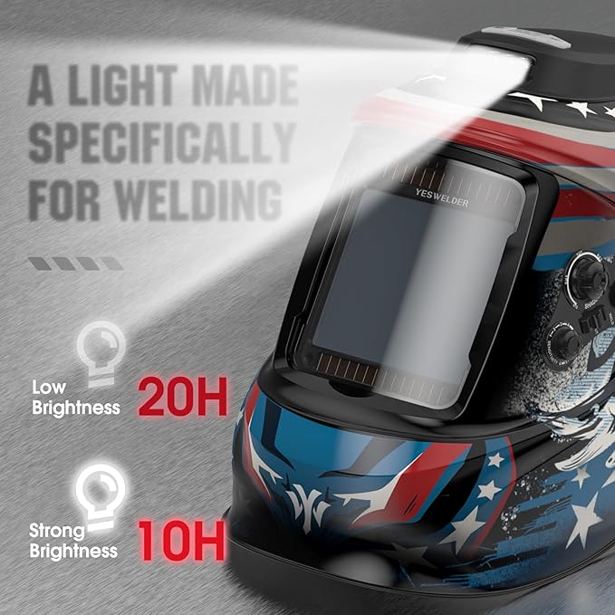 YESWELDER Auto Darkening Welding Helmet with Rechargeable Fan and Light, 3.93"X3.66"Large View 1/1/1/1 True Color 4 Arc Sensor Solar Powered Welding Hood, 3/5-9/9-13 Wide Shade Weld Mask LYG-30800H-BE