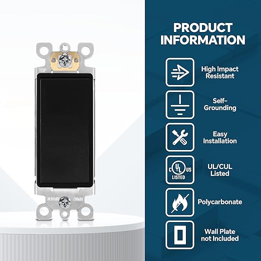 ThunderWay Matte Black Single Pole Decorator Wall Light Switch, Decorative Paddle Rocker Switch Replacement, 15A 120/277V, UL Listed for Residential Grade Applications, 20Pack