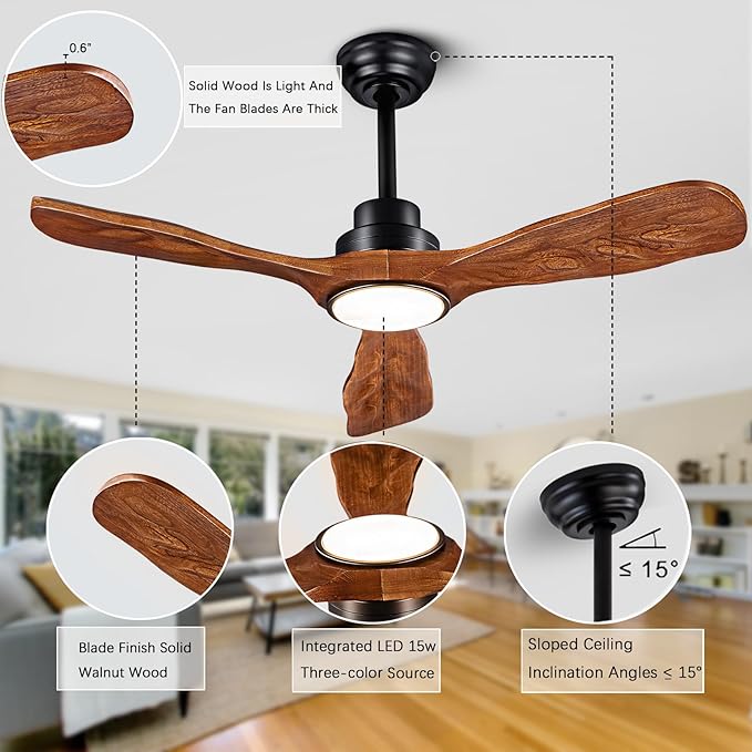 42” Ceiling Fan with Lights and Remote Control Ceiling Fan, Wooden Ceiling Fan with Lights Silent Reversible DC Motor with 3 Blades for Farmhouse, Living Room, Bedroom, Office. (Black + Walnut)