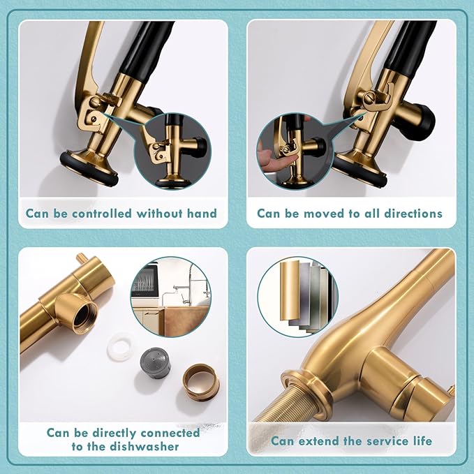 GIMILI Brushed Gold Kitchen Faucet with Pull Down Sprayer Single Handle High Pressure Brass Kitchen Sink Faucet Commercial Double-Headed Kitchen Faucets Sink with Deck Plate