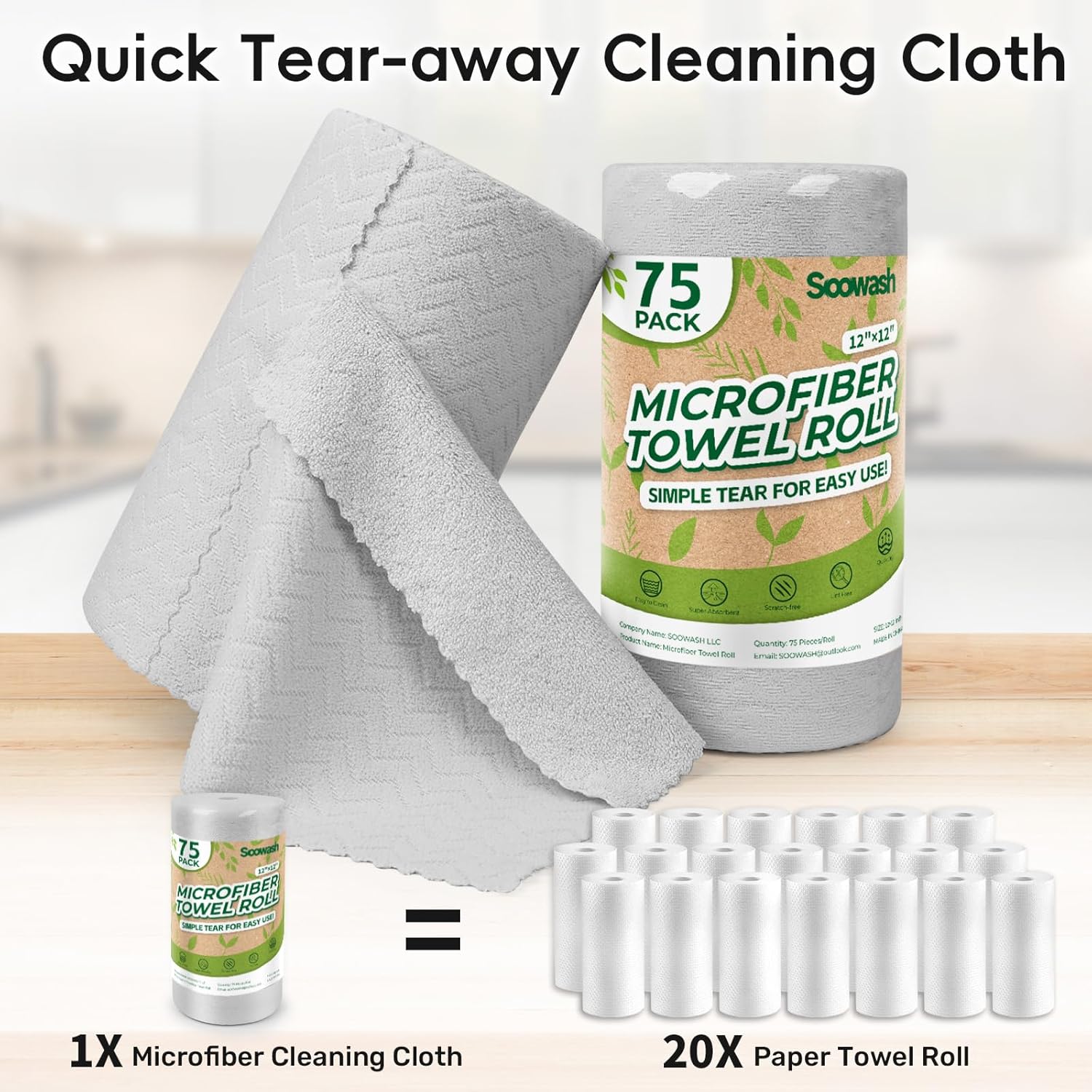 Microfiber Cleaning Cloths Roll, 75 Pack Tear Away Microfiber Towels Roll, 12" x 12" Lint Free Rags, Reusable Cleaning Cloths, Washable, Scratch Free,Ultra Absorbent Dish Rags(Grey Ripple)