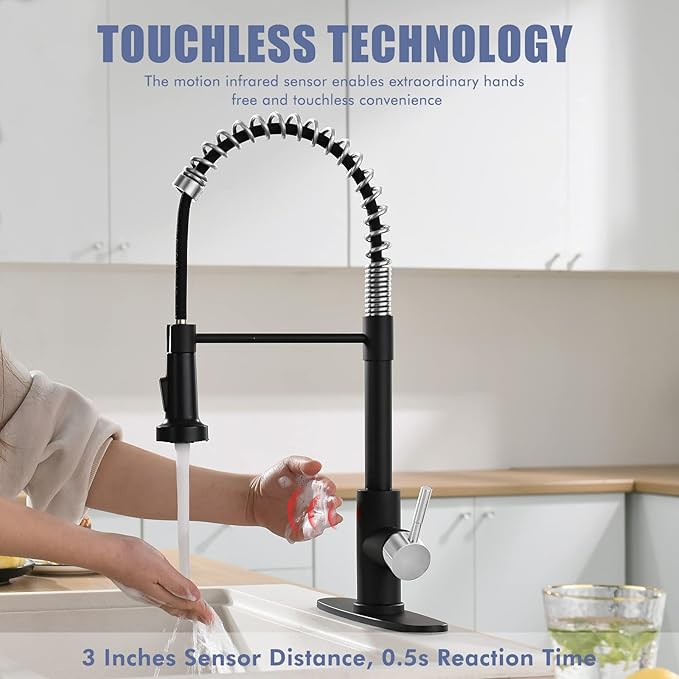 GIMILI Black and Nickel Touchless Kitchen Faucet with Pull Down Sprayer, Motion Sensor Smart Hands-Free Single Handle Kitchen Sink Faucet, Single Hole Kitchen Spring Faucet