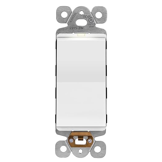 LIDER Minimalist Design Matte Finish Lighted Decorator Switch, Frameless Paddle Light Switch with Locator Light, Grounding Screw, 3-Way or Single Pole, 15A 120V, UL Listed, LS15-3W-W, White