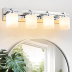 4 Light Modern Bathroom Light Fixtures Over Mirror, Chrome Vanity Lights for Bathroom Wall Sconces with Milky White Glass Shades, E26 Socket (Bulbs Not Included)