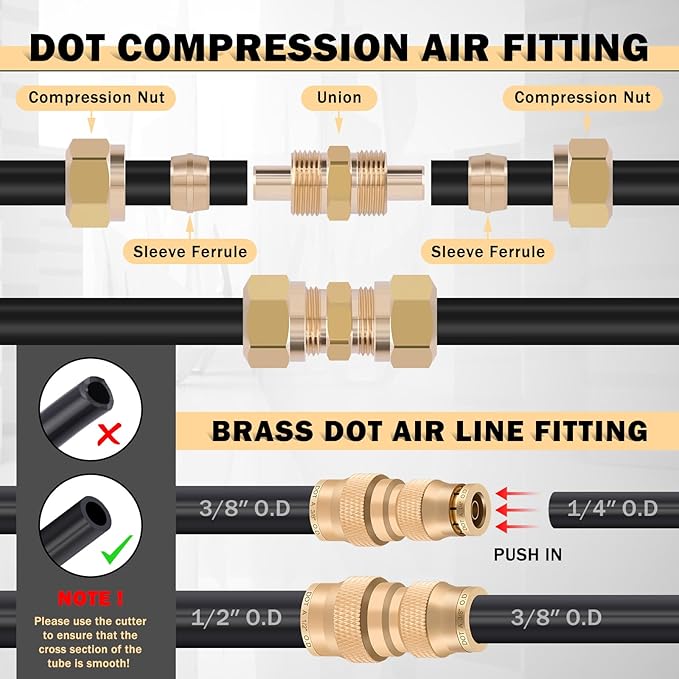CheeMuii 156 PCS Brass DOT Air Line Fittings with 4 Roll 100FT 1/8" 1/4" 3/8" 1/2" DOT Air Lines Kit Push Lock Air Fitting Quick Connect Air Fittings with Air Hose Pneumatic Tubing
