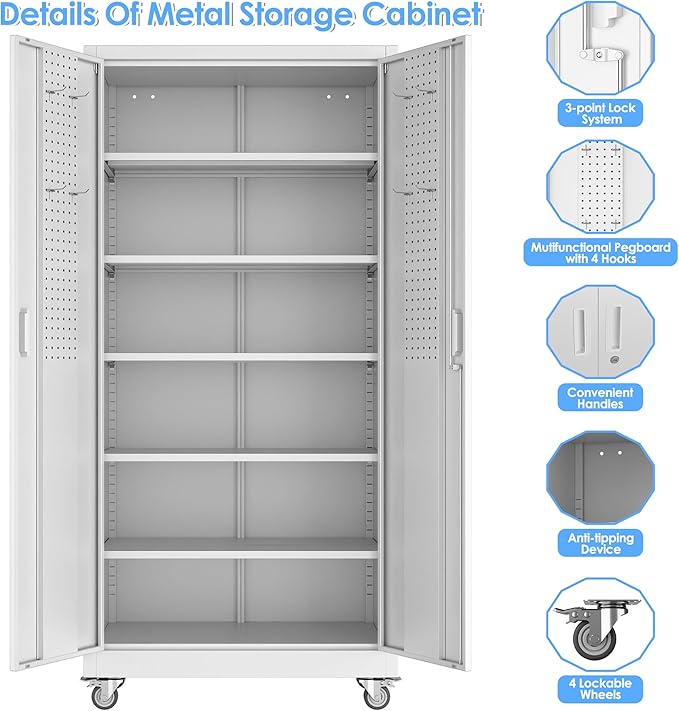 Metal Storage Cabinet with Wheels and Pegboard,71" H x 32" W x 16" D Garage Storage Cabinet with 2 Doors and 5 Adjustable Shelves for Garage, Home, Warehouse, Closet, Assembly Required, White