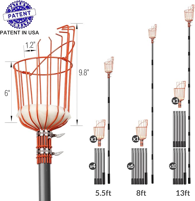 Walensee 8FT Fruit Picker, Adjustable Fruits Picker Tool with Lightweight Stainless Steel Pole and Big Basket, Fruit Catcher Equipment Tree Picker for Apples Mango Pear Orange Avocados Fruit Picking