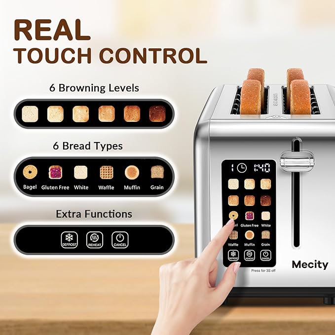 Mecity 4 Slice Toaster Touch Screen 1.5" Long Slot, Stainless Steel Smart Bread Toaster for Bagel Muffin Waffle Gluten Free Breads, Timer, Defrost, Reheat, 120V 1400W