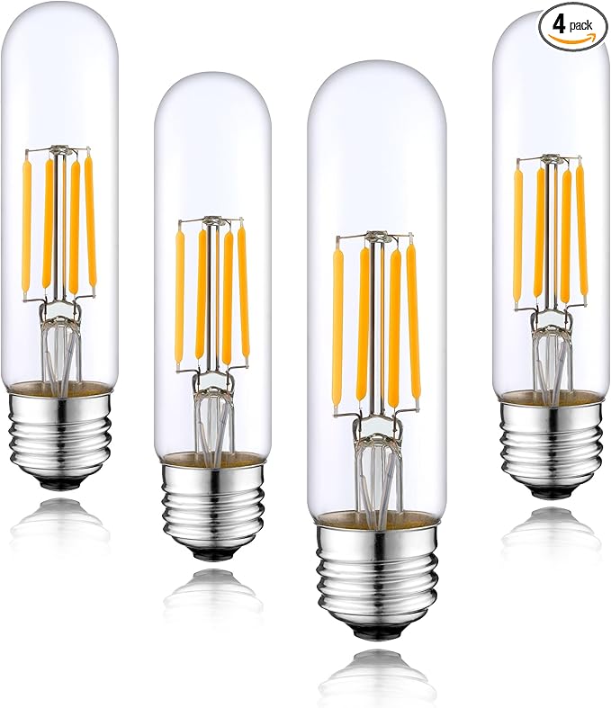 Short T10 LED Bulb, 5in Vintage Edison Dimmable Bulb 6W 2700K Warm White Tubular Bulbs, E26 Medium Base Clear 600LM 60W Equivalent for Cylinder Pendant Wall Sconces Chandelier Vanity 4Pack
