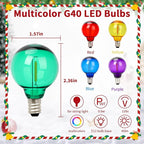25Pack G40 Christmas LED String Lights Bulbs, E12 Screw Base Shatterproof Colored Bulbs for Outdoor Holiday Decor 120V 0.6W Dimmable Equal to 7W, Patio & Christmas Tree Lighting (Multicolor)