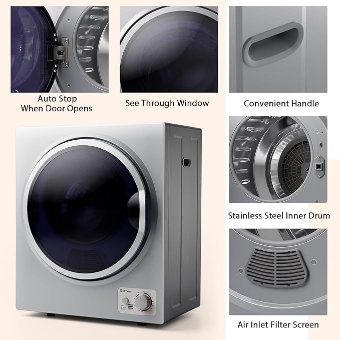 COSTWAY GT-10222US-SL-FPCY, 110V Electric Portable Clothes Stainless Steel Tub, Panel Downside Easy Control for 4 Automatic Drying Mode Compact Laundry Dryer, Silver