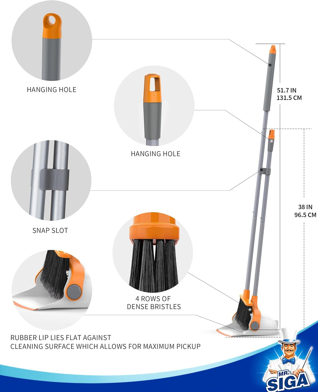 MR.SIGA Broom and Dustpan Set with Long Handle, Stand Upright Broom with Dustpan Combo for Cleaning Office, Garage, Lobby, Lightweight Sweeping Set, 51.7"(131 cm) Long Handle, White & Orange