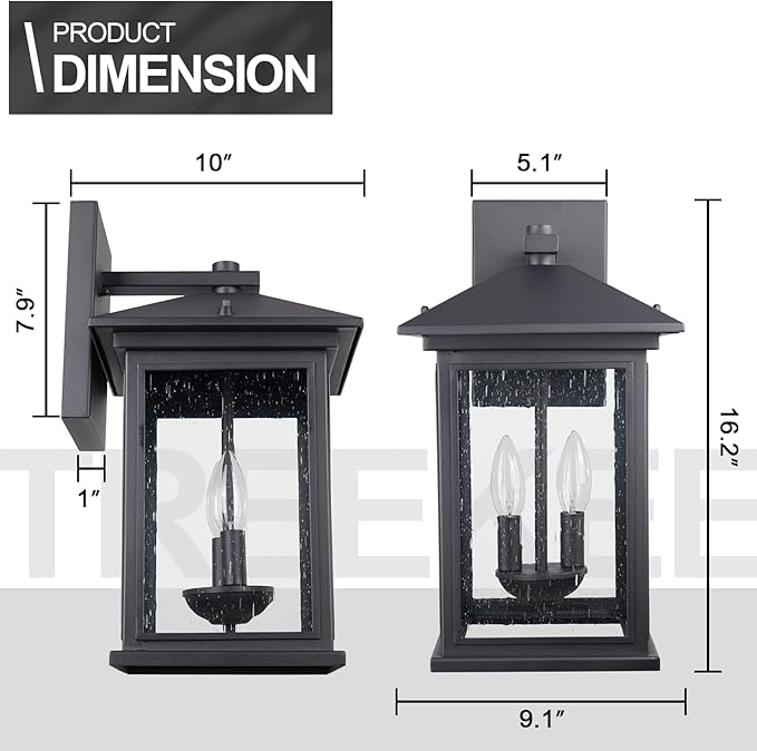 Outdoor Wall Light Fixtures, 16 Inch Waterproof Square Lanterns, 2-Light Exterior Porch Sconces Lighting with Seeded Glass Shade, Modern Black Lamps for Patio Front Door Entryway
