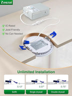 zouzai 1 Pack 6 Inch 5CCT Ultra-Thin LED Recessed Ceiling Light with Junction Box, 2700K/3000K/3500K/4000K/5000K Selectable, 12W Eqv 110W,Dimmable, led can Lights- ETL and Energy Star Certified