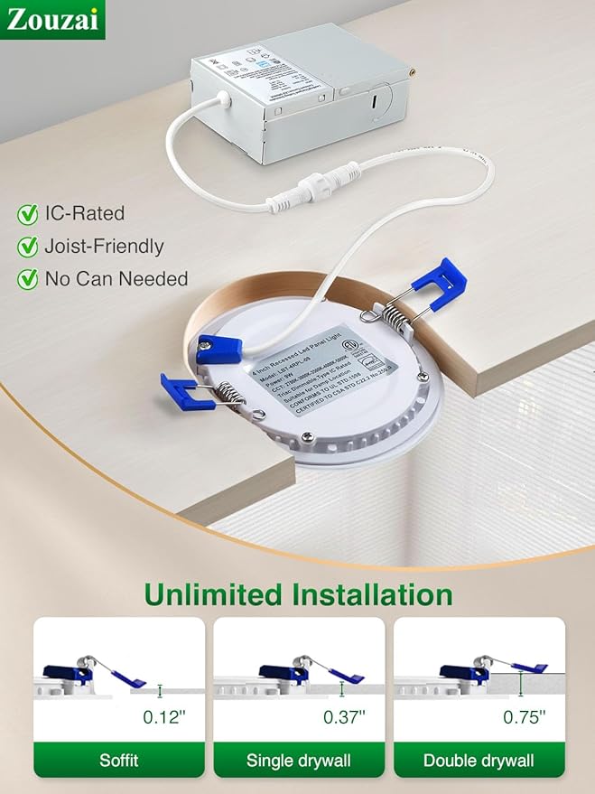 zouzai 1 Pack 6 Inch 5CCT Ultra-Thin LED Recessed Ceiling Light with Junction Box, 2700K/3000K/3500K/4000K/5000K Selectable, 12W Eqv 110W,Dimmable, led can Lights- ETL and Energy Star Certified