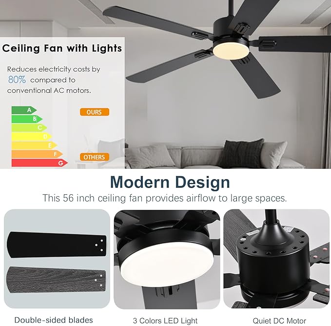 56 inch Black Ceiling Fans with Lights and Remote/App Control, DC Reversible Motor, Noiseless, Dimmable, 6 Speeds Low Profile Modern Ceiling Fan for Livingroom, Indoor/Outdoor Use