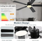 56 inch Black Ceiling Fans with Lights and Remote/App Control, DC Reversible Motor, Noiseless, Dimmable, 6 Speeds Low Profile Modern Ceiling Fan for Livingroom, Indoor/Outdoor Use