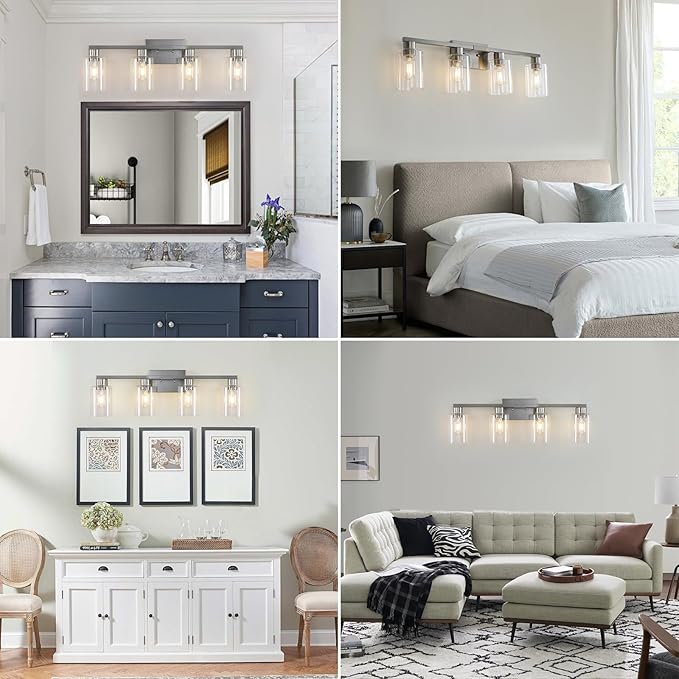 4 Light Bathroom Light Fixtures, Brushed Nickel Modern Bathroom Vanity Light with Clear Glass Shade, Bathroom Lighting Fixtures Over Mirror, Vanity Lights for Bathroom Mirror