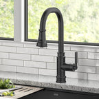 KRAUS Allyn Transitional Industrial Pull-Down Single Handle Kitchen Faucet in Matte Black, KPF-4101MB