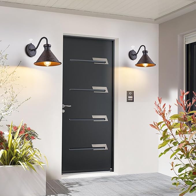 2 Pack Dusk to Dawn Outdoor Wall Light Fixtures Photocell Sensor, Exterior Sconce Light with Cast Hammered Aluminum Shade, Outside Wall Mount Lamp for House Patio Garage Entryway Doorway