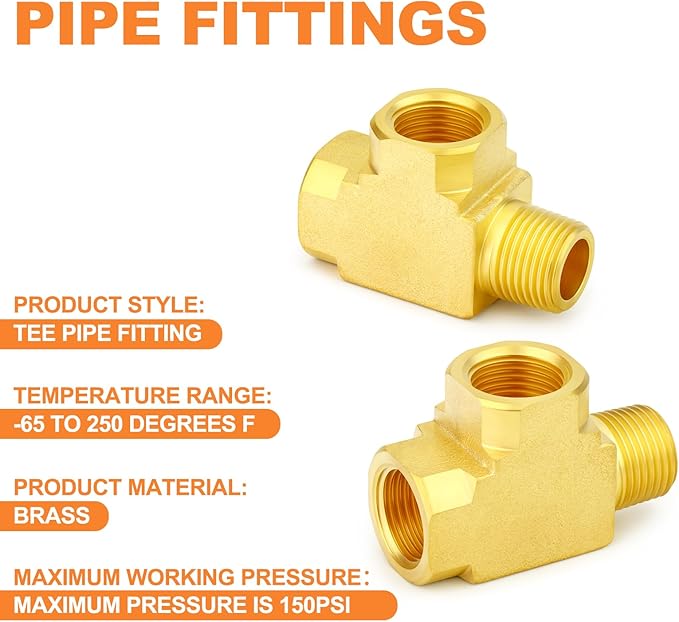 GASHER 3Pcs Brass Tee Fitting, 3/8" FNPT x 3/8" FNPTx 3/8" MNPT Pipe Fittings, Male Run Tee