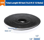 MAGZO Door Weather Stripping, 1/2 Inch W X 1/8 Inch T X 198 Ft Total Weatherstripping Foam Tape Soudproof for Windows 16.5 ft X 12 Rolls, Black