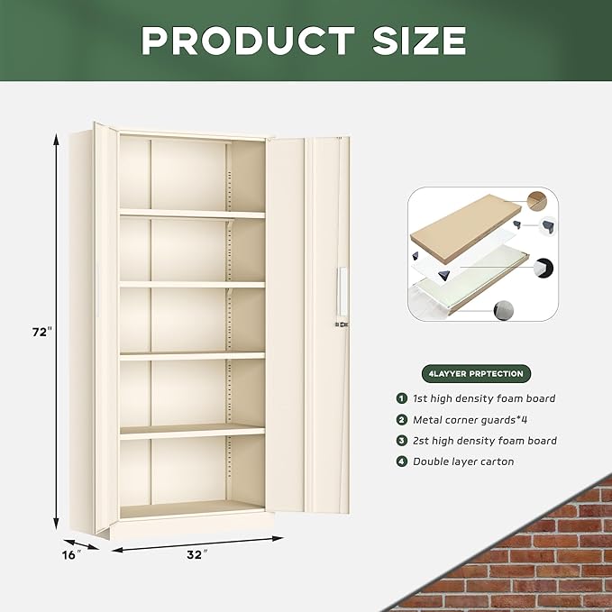 Greenvelly Metal Storage Cabinets, 72” Steel Garage Storage Cabinet with Doors and 4 Shelves, Metal Tool Cabinet, Steel Filing Cabinet for Home Office, Basement, Garage, School(Grey)