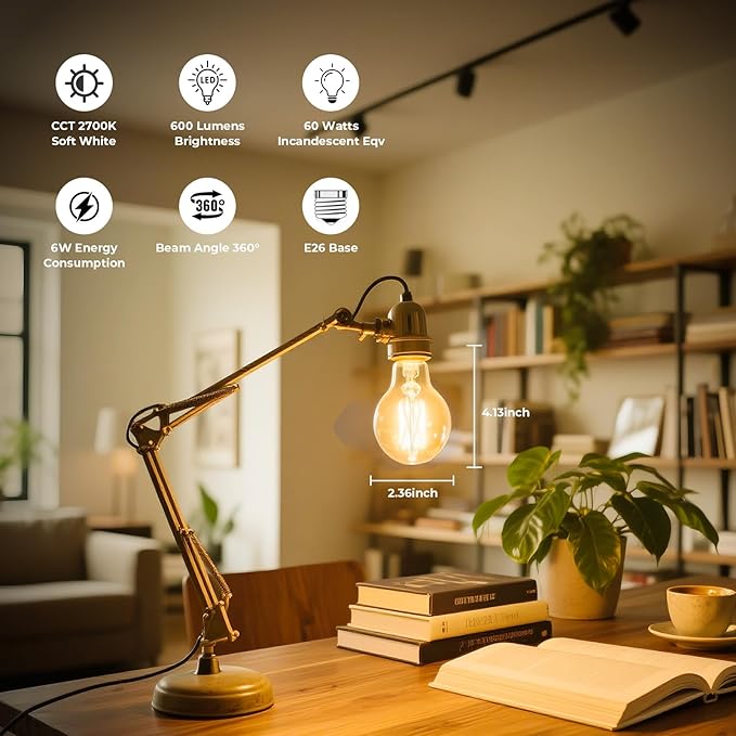 Dimmable E26 LED Bulb 6W, 60 watt Equivalent, Vintage LED Edison Bulbs 2700K Soft White, A19 Clear Glass LED Light Bulb for Ceiling Fan, 90+CRI, 600LM, 6 Pack