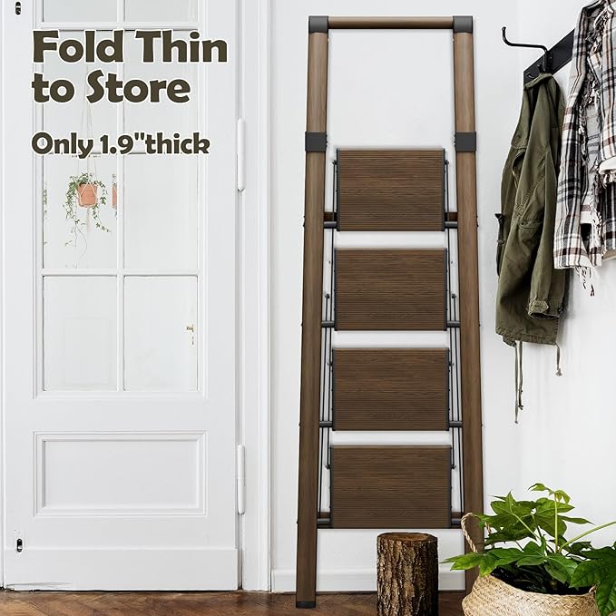 Taranta 4 Step Ladder, Portable Folding Ladder with Wide Pedal, Lightweight Aluminum Step Stool with Convenient Handgrip, 330 lbs Capacity Stepladder for Home, Office - Walnut