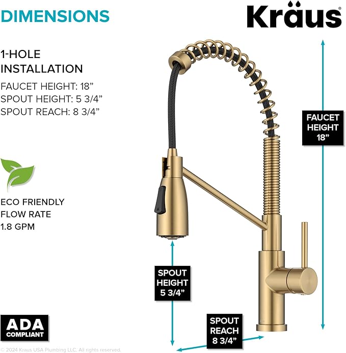 KRAUS Coda Commercial Style 2-Function Single Handle Pull Down Kitchen Faucet in Spot-Free Brushed Brass, KPF-1617BB