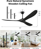60" Ceiling Fans Without Light, Solid Wood Ceiling Fan with Remote Control and Quiet DC Motor, Ceiling Fan no Light 3 Blades, Outdoor Ceiling Fans for Patios without Lights