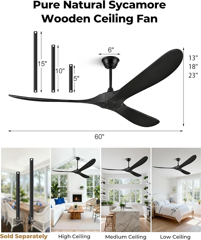 60" Ceiling Fans Without Light, Solid Wood Ceiling Fan with Remote Control and Quiet DC Motor, Ceiling Fan no Light 3 Blades, Outdoor Ceiling Fans for Patios without Lights