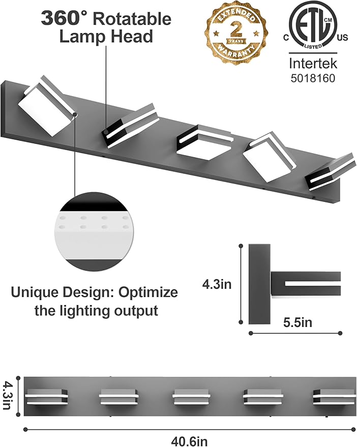 VOLISUN 5CCT Bathroom Light Fixtures Over Mirror, Dimmable, 360°Rotatable Head, 40 inch, 5 Light Bathroom Vanity Light Fixtures, Black LED Vanity Lights for Bathrooms-ETL Certificated