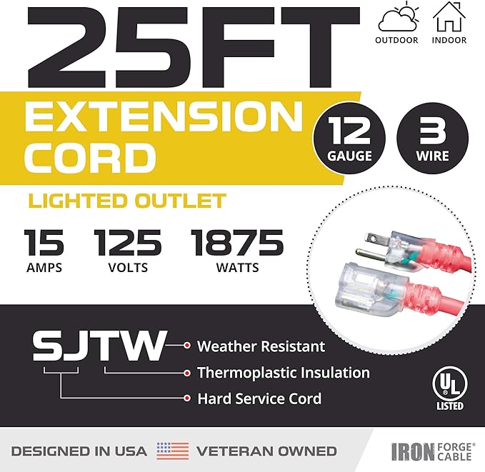 Iron Forge Cable 25 ft Lighted Outdoor Extension Cord - 12/3 SJTW Heavy Duty Red Extension Cable with 3 Prong 15 AMP Grounded Plug for Safety