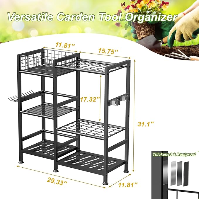 keomaisyto Garden Tool Organizer With Basket - 3 Tier Yard Storage Rack for Garage Organization, Heavy Duty Holder With 35 Long-Handled Slots for Shed, Yard, Garage