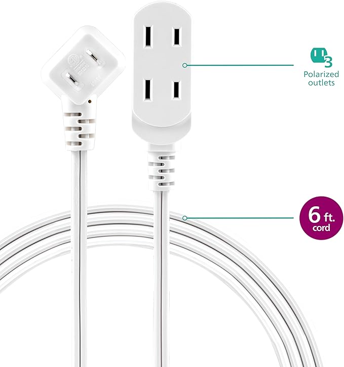 Philips 3-Outlet Flat Plug Extension Cord - 6 Ft, Indoor Use, Safety Slide, 2 Prong White, ETL Listed SPS3613W/37 (Pack of 12)