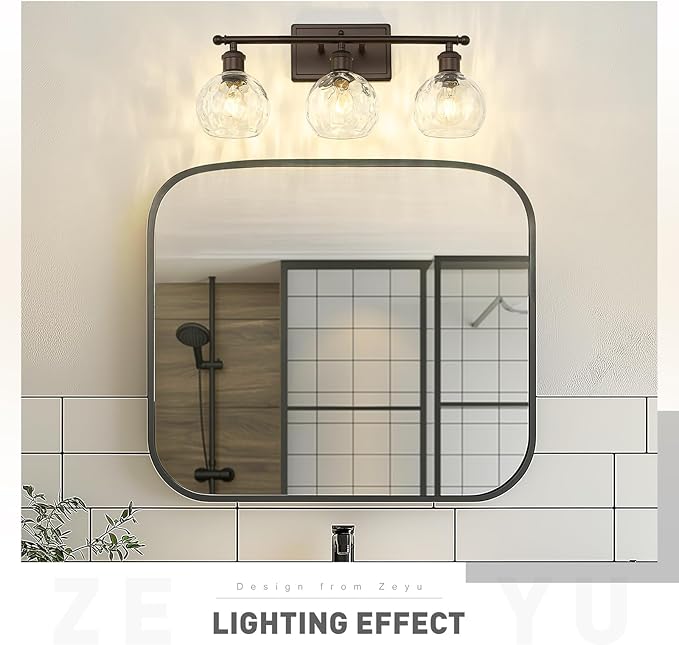 zeyu Farmhouse 3 Light Vanity Lighting, 21.4'' Bathroom Mirror Wall Light, Oil Rubbed Bronze Finish with Clear Hammered Globe Glass, ZJF63BG-3W ORB-WG
